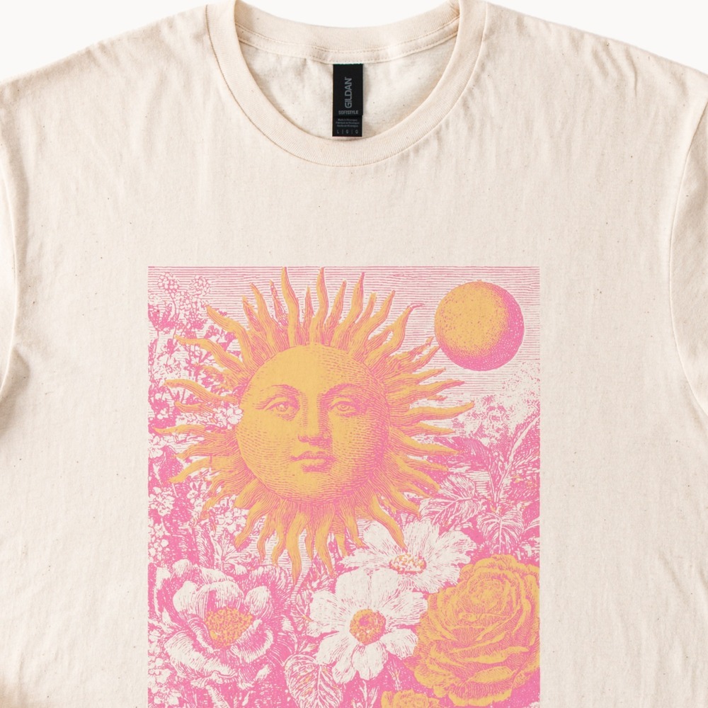 Celestial Face Botanical Graphic Tee Mystical Engraving Art